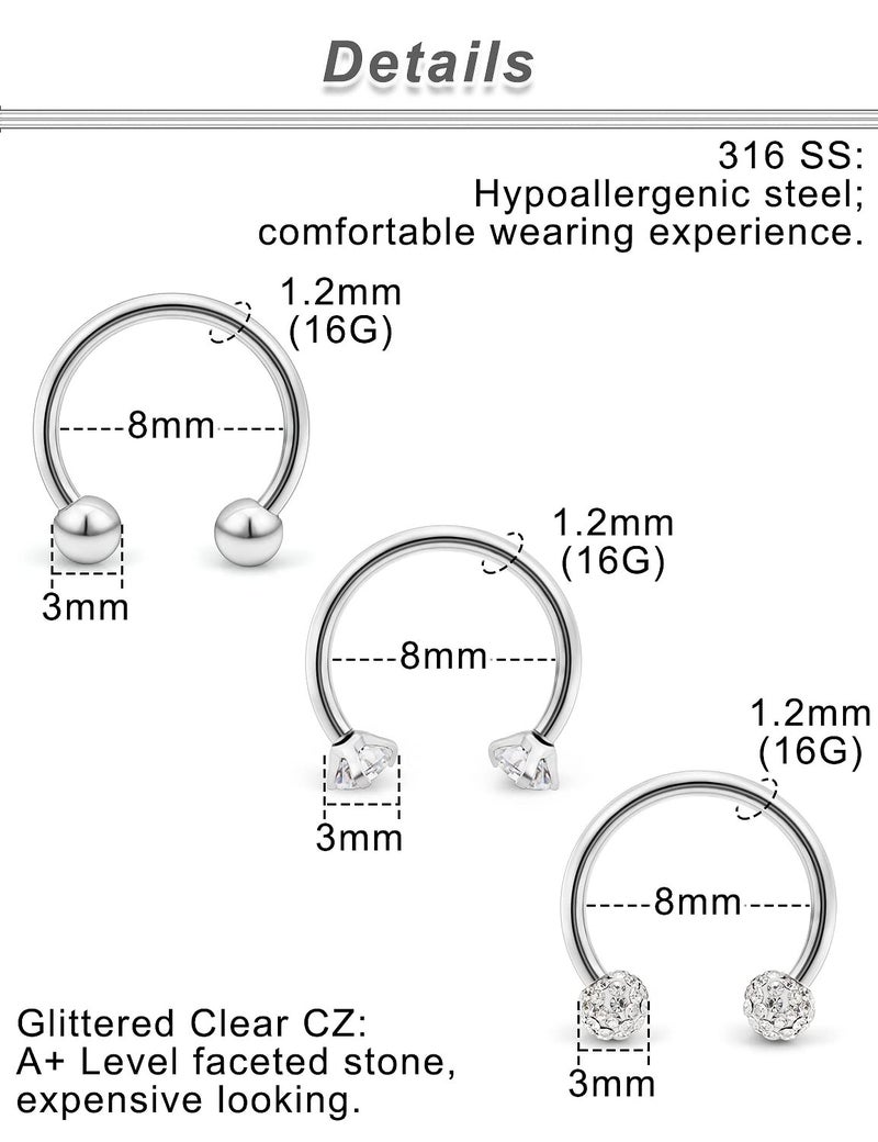 Ocptiy 16G Septum Ring Piercing Jewelry for Women 16 Gauge Stainless Surgical Steel Horseshoe Septum Nose Eyebrow Lip Ring Helix Tragus Cartilage Daith Rook Earring Hoop Piercin Jewelry Men Women 8mm - Image 4
